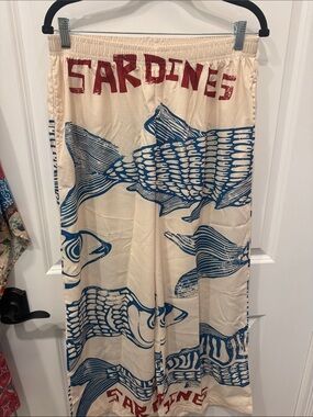 Sardines Print Wide Leg Pants - Cream & Blue